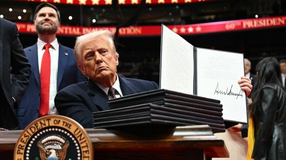 President Donald Trump holds an executive order he just signed during the inaugural parade, in Washington, DC, on 20 January 2025. Picture credit: Jim Watson/AFP via Getty Images.